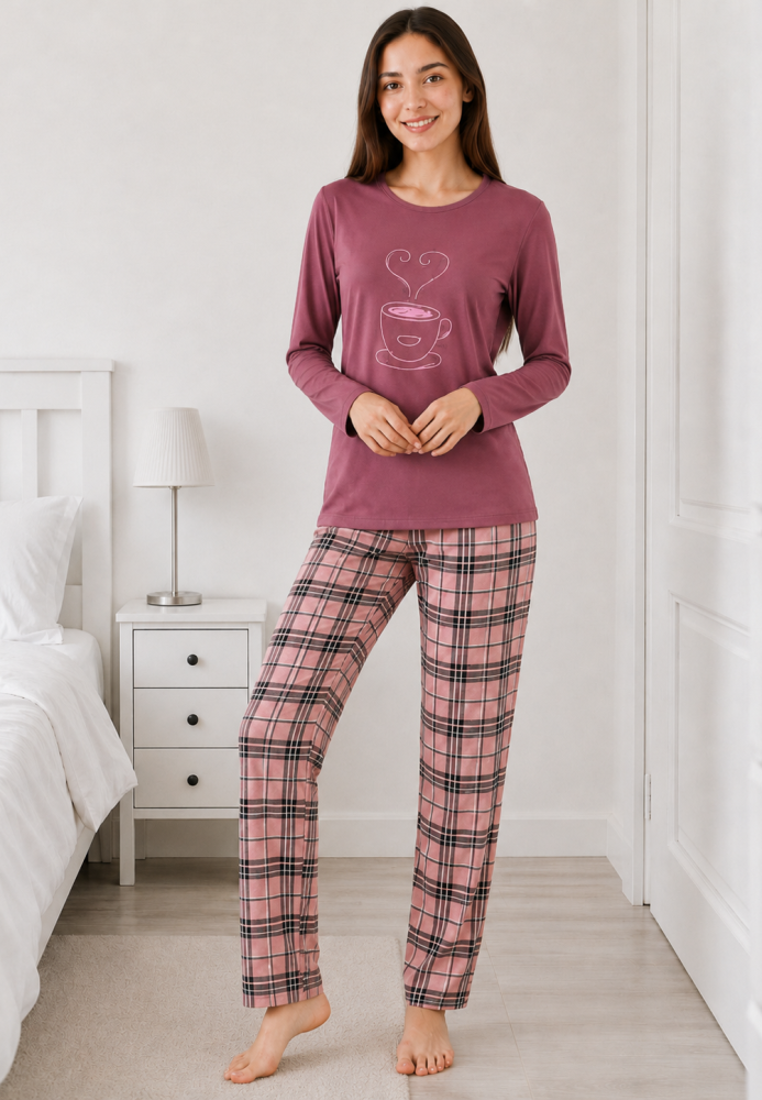Pijama de damă cu bluză cu maneca lunga și pantaloni lung -Visiniu,Engros